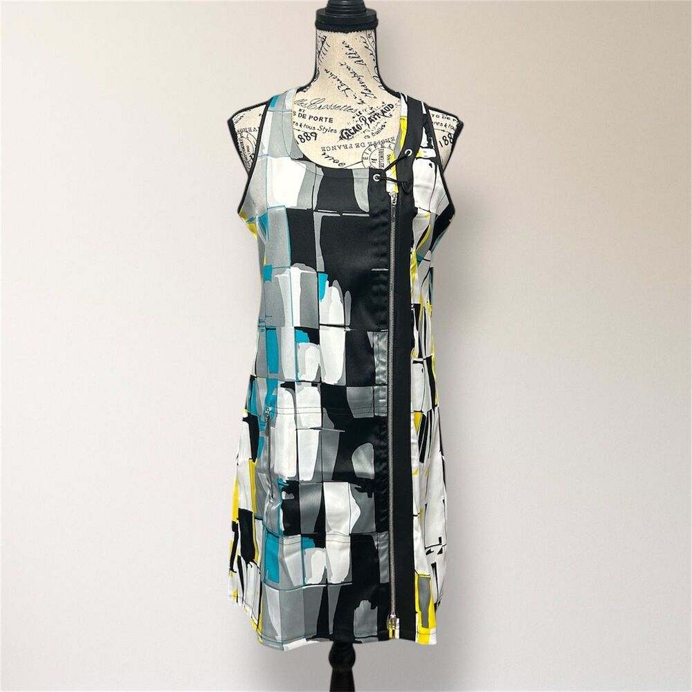 Jamie Sadock S Jet Black‎ Gray Abstract Print Sleeveless Zip Pocket Golf Dress